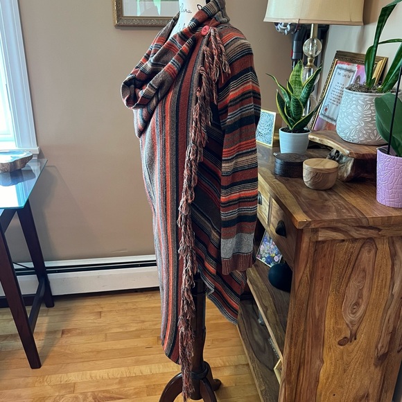 Boho Wrap Blanket Cardigan Tassel Hem Shawl Knit Sweater Rust Orange Brown Small - Picture 4 of 10